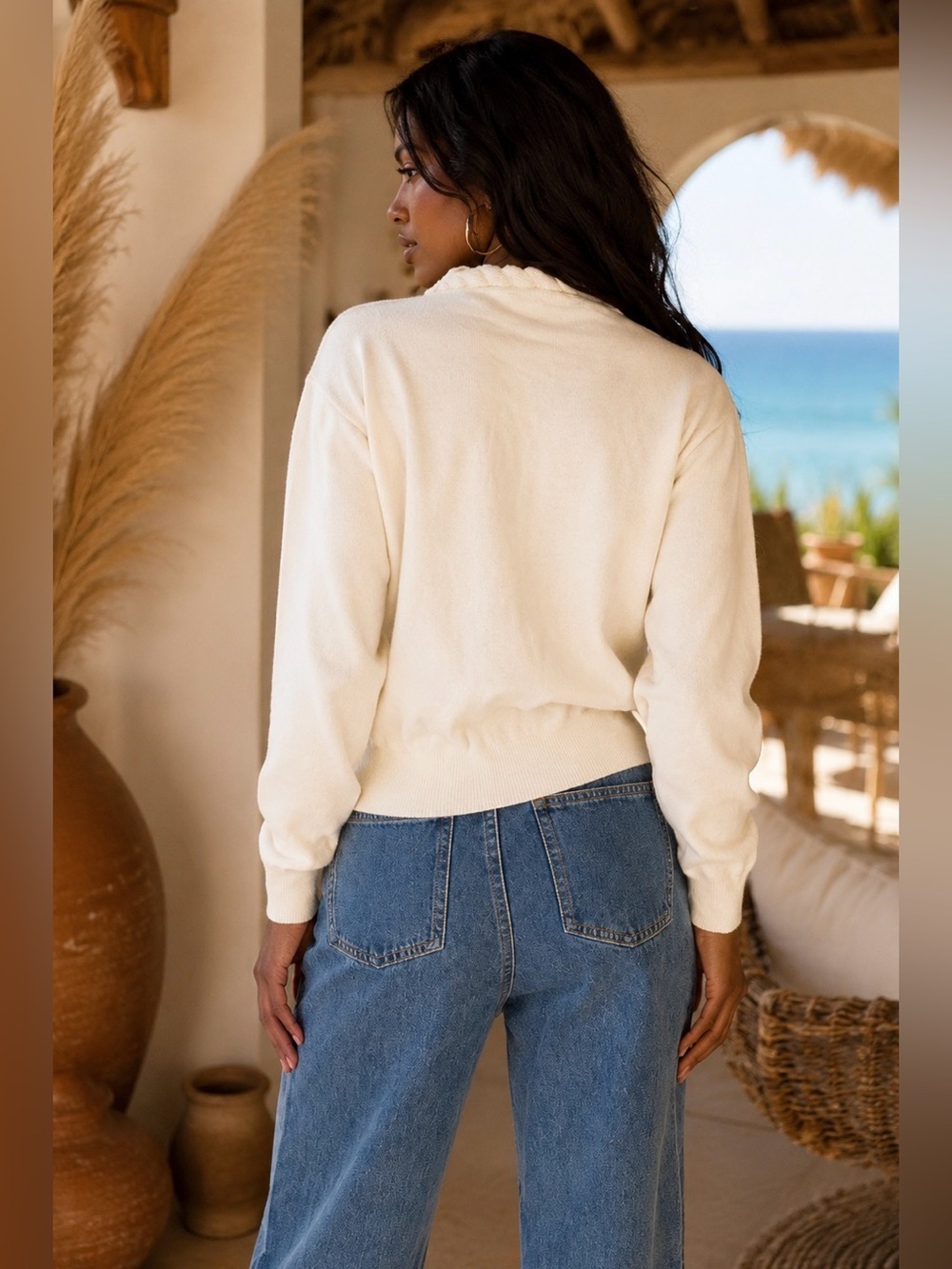 Cream Embroidered Open-Front Women's Cardigan - Picture 2 of 2